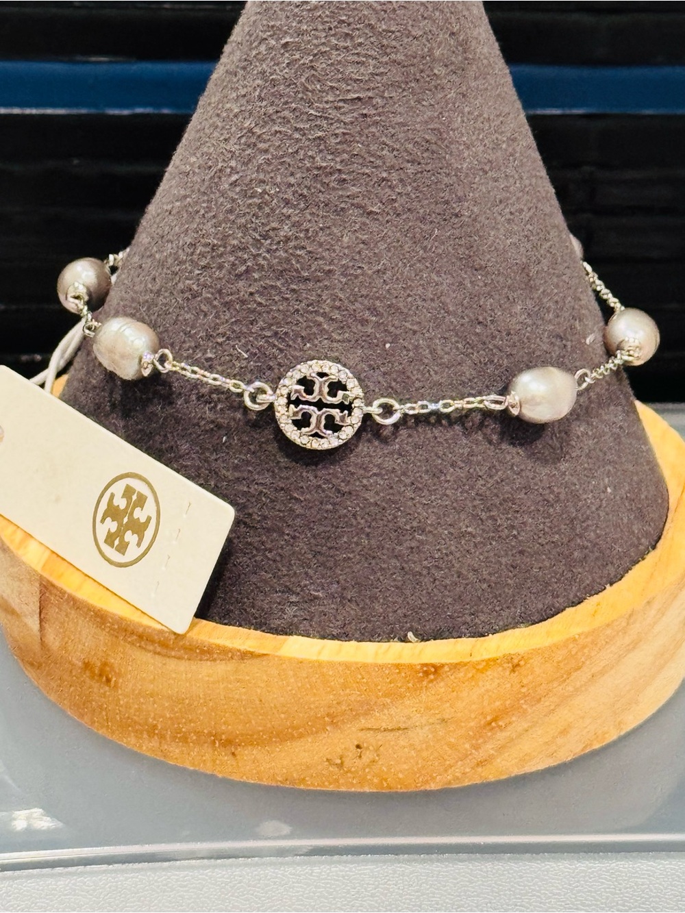 NWT Tory Burch Crystal Miller Logo Faux Pearl Chain Bracelet Silver